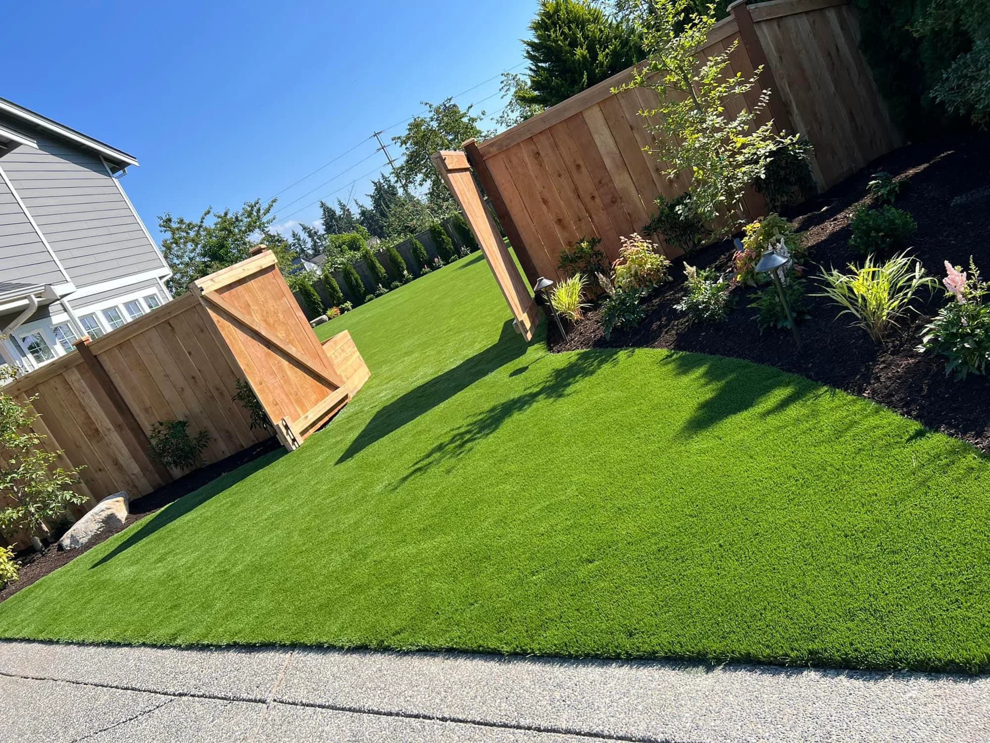 Pristine green sod lawn with cedar fence
